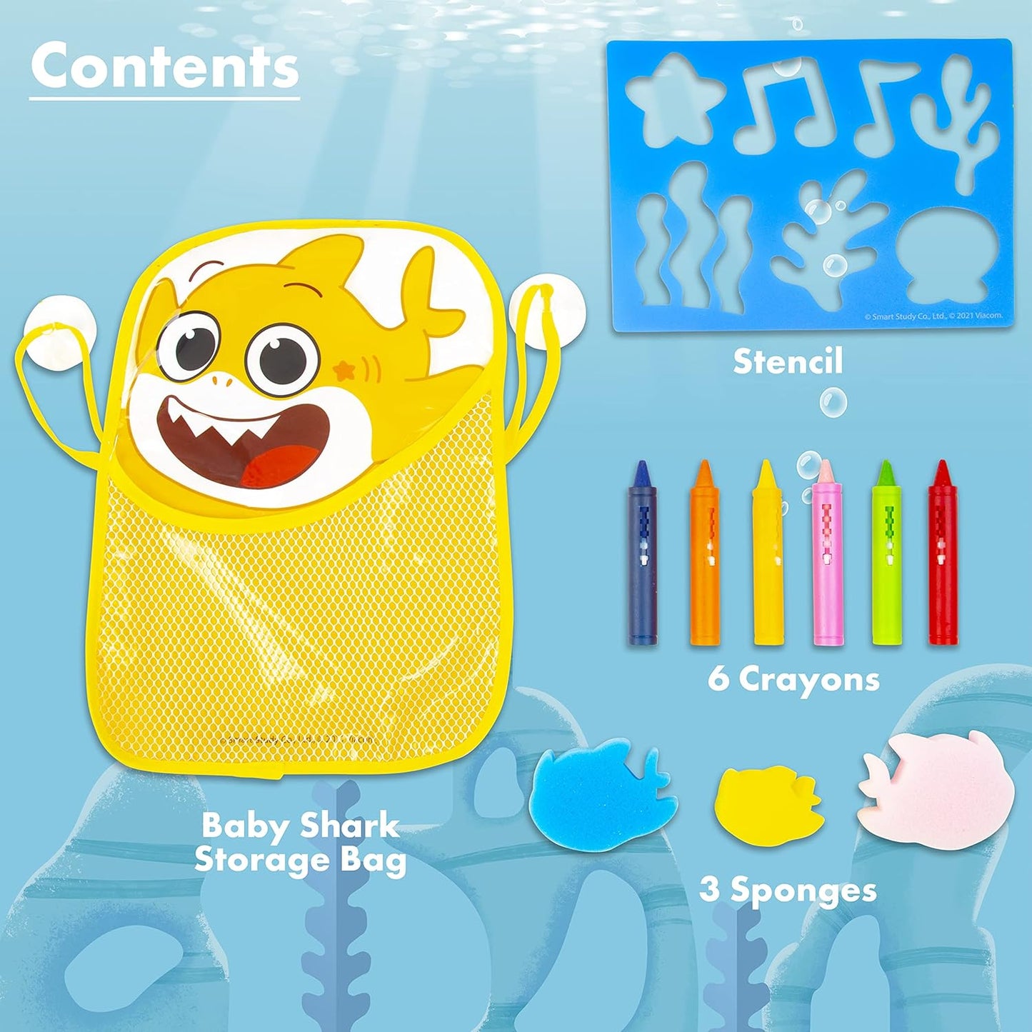 Baby Shark Bath Stencil Set - Bath Toys Foam Bath Toys - Contains Bath Toy Storage Bag, Bath Crayons & Stencils