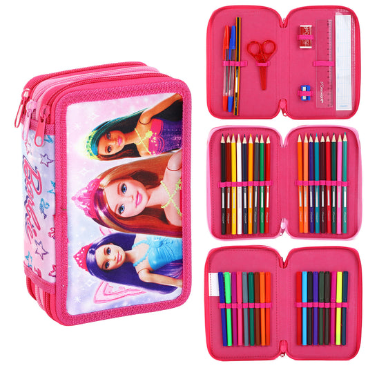 Barbie Style Jumbo Pencil Case & Stationery Set with 3 Zip Divider