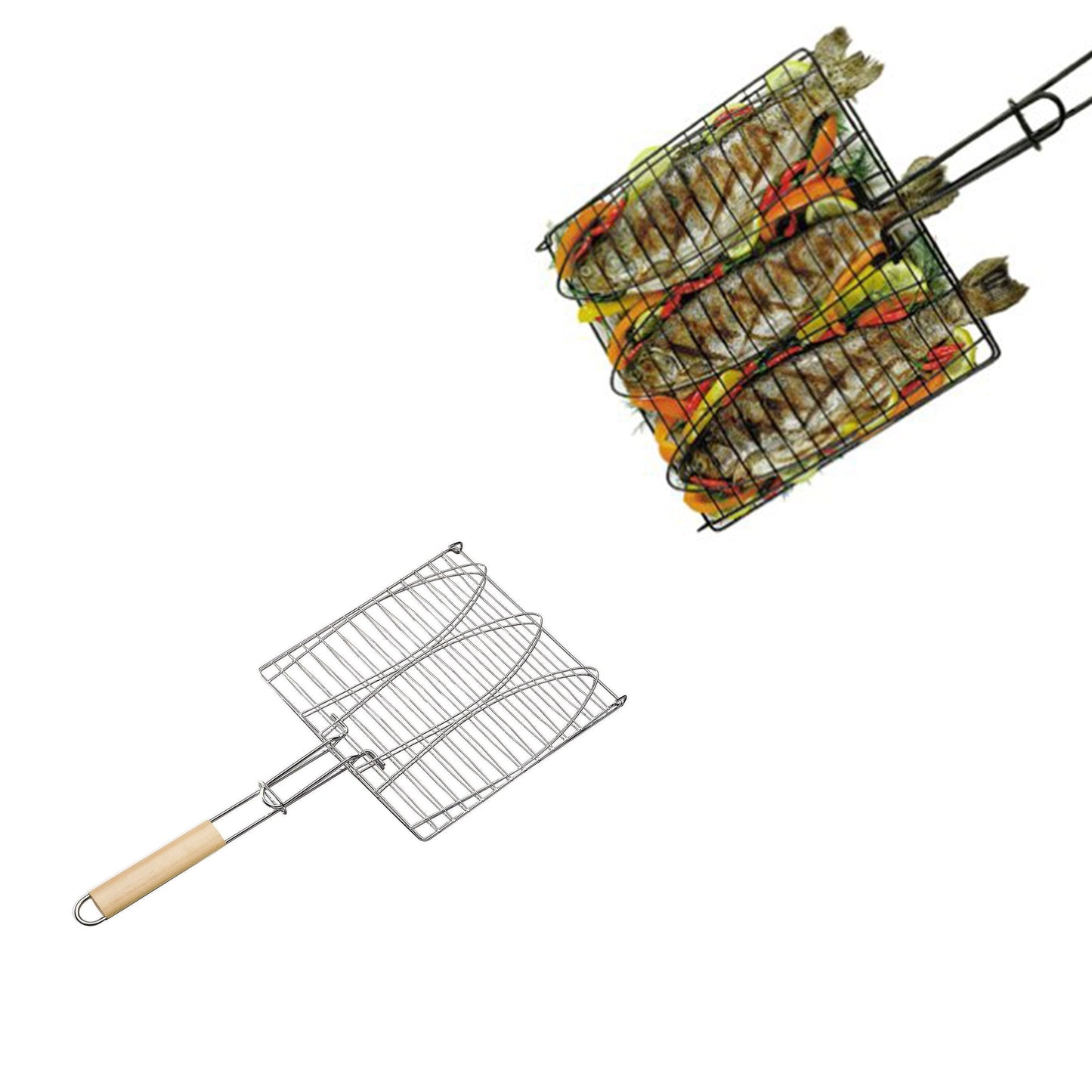 Metal Meat Fish Roasting BBQ Basket Grill with Wooden Handle 38 x 38 cm 4532 / 9998 A