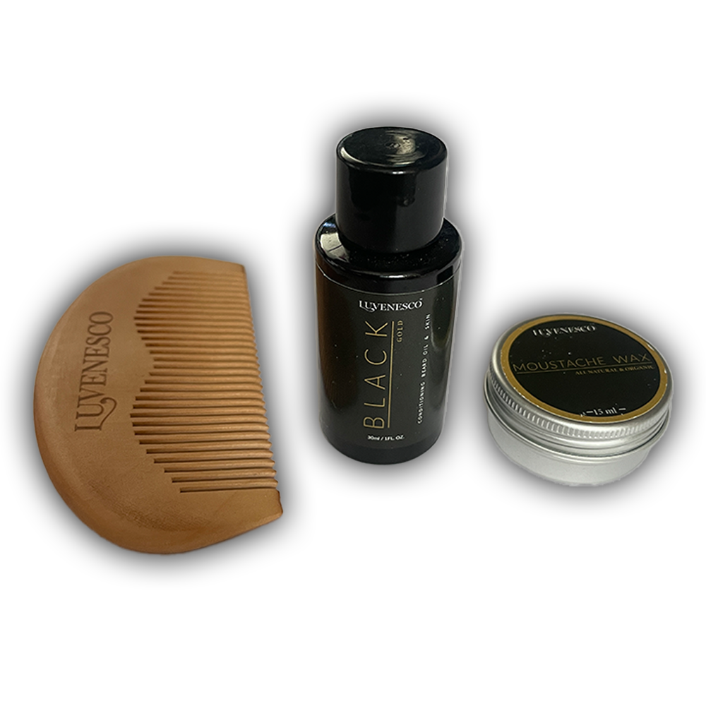 Mens Luxury Luvenesco Grooming Bundle Trio - Comb, Moustache Wax & Beard Oil