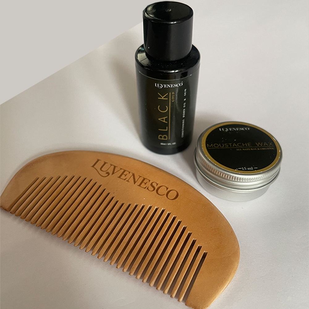 Mens Luxury Luvenesco Grooming Bundle Trio - Comb, Moustache Wax & Beard Oil
