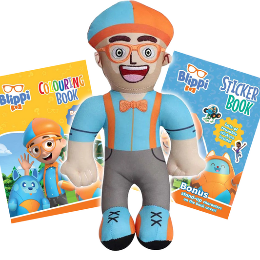 Blippi Bundle - 30cm Plush Soft Toy, Sticker Book & Colouring Book
