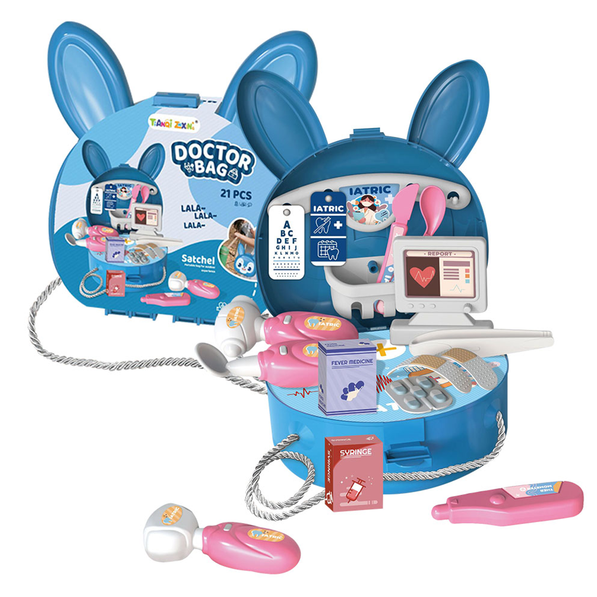 Bunny Rabbit Carry Case Travel Doctor Bag Doctors 21 Piece Play Set with Shoulder Strap - Blue - Easter Toys & Gift