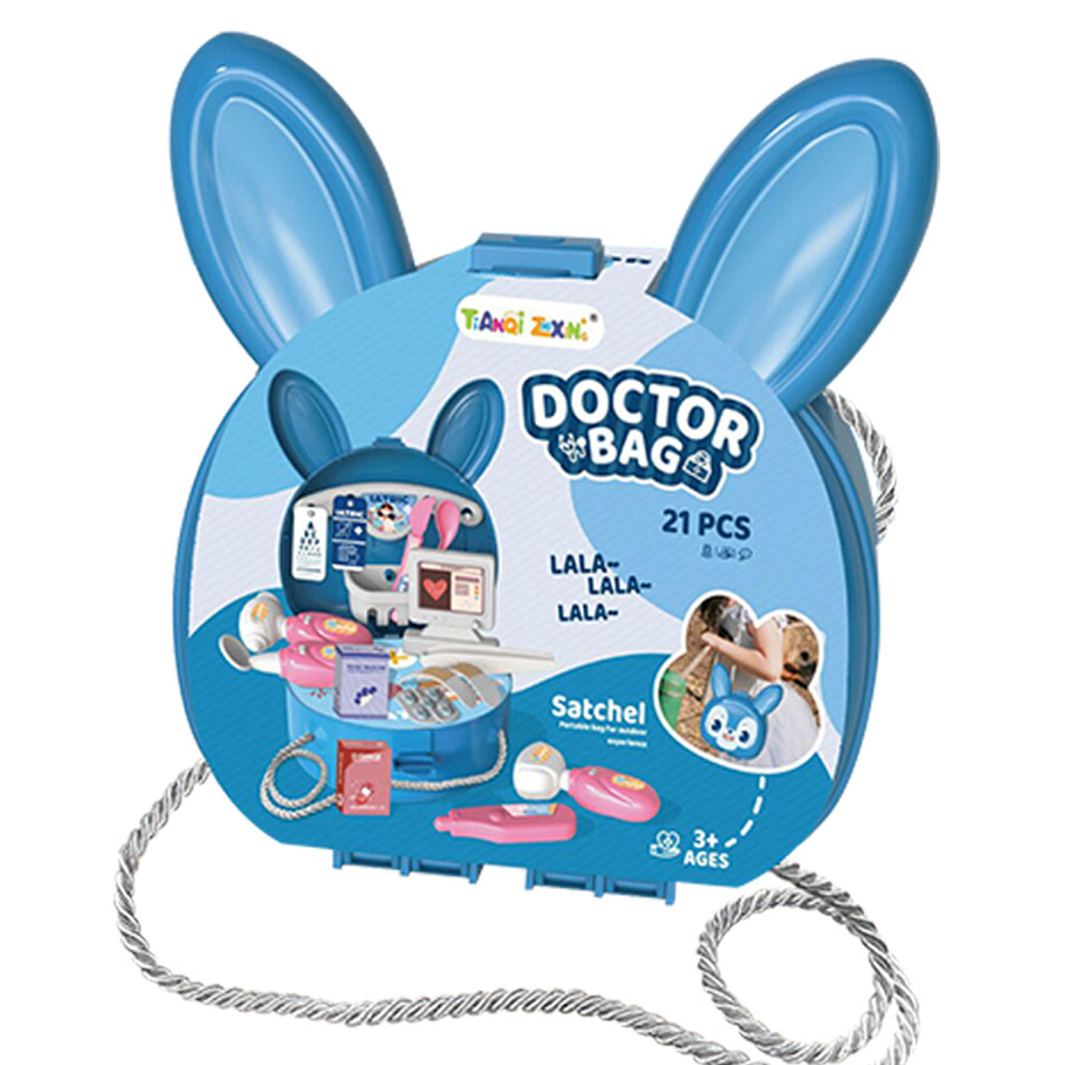 Bunny Rabbit Carry Case Travel Doctor Bag Doctors 21 Piece Play Set with Shoulder Strap - Blue - Easter Toys & Gift