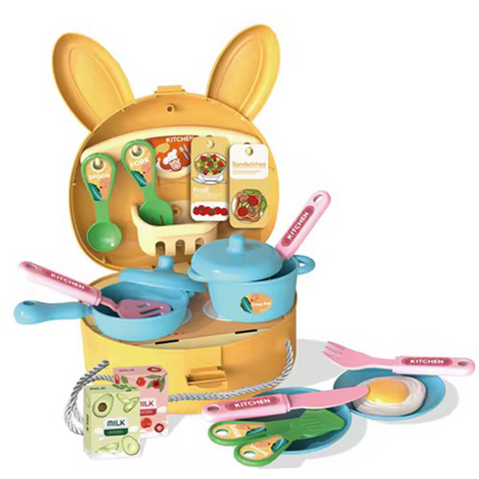 Bunny Rabbit Carry Case Travel Cooking Bag 25 Piece Kitchen Play Set with Shoulder Strap - Yellow - Easter Toys & Gift