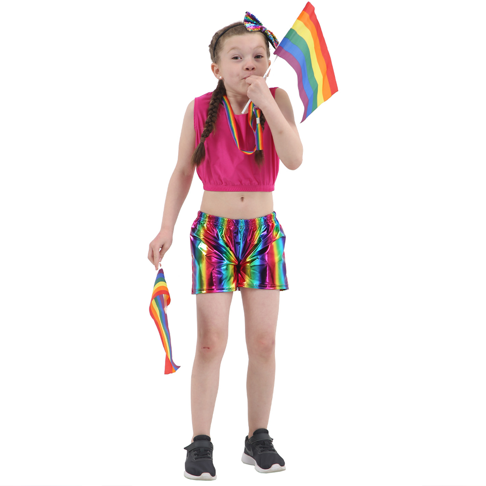 Children's Shiny Metallic Rainbow Shorts 80's Festival Pride Fancy Dress