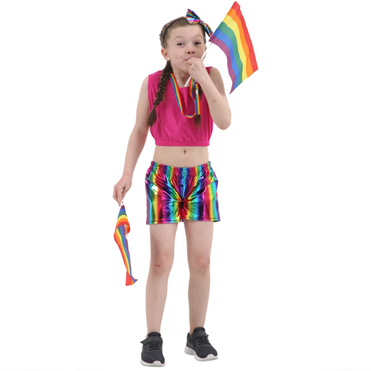 Children's Shiny Metallic Rainbow Shorts 80's Festival Pride Fancy Dress