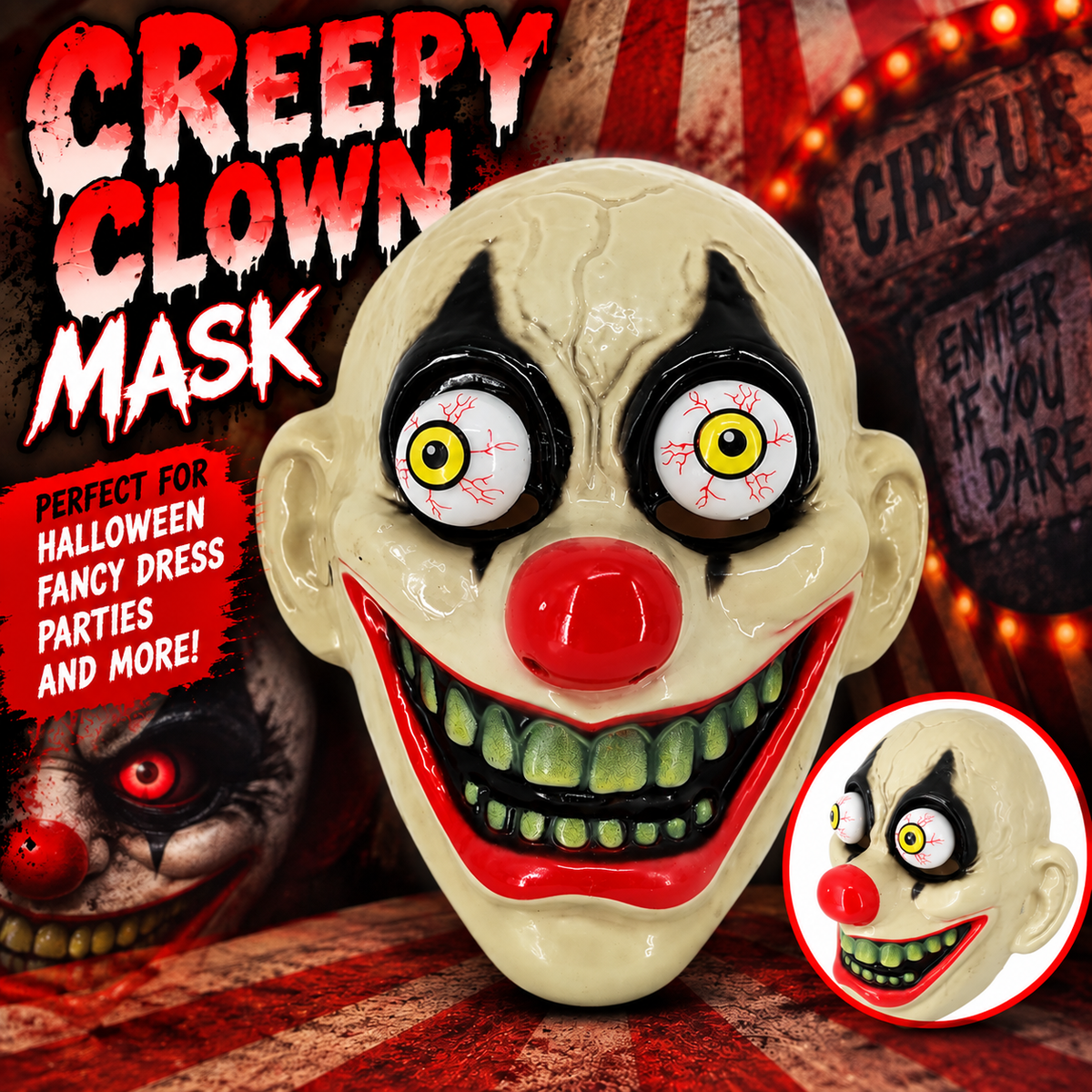 Creepy Clown Halloween Mask - Scary Spooky Fancy Dress Costume Mask
