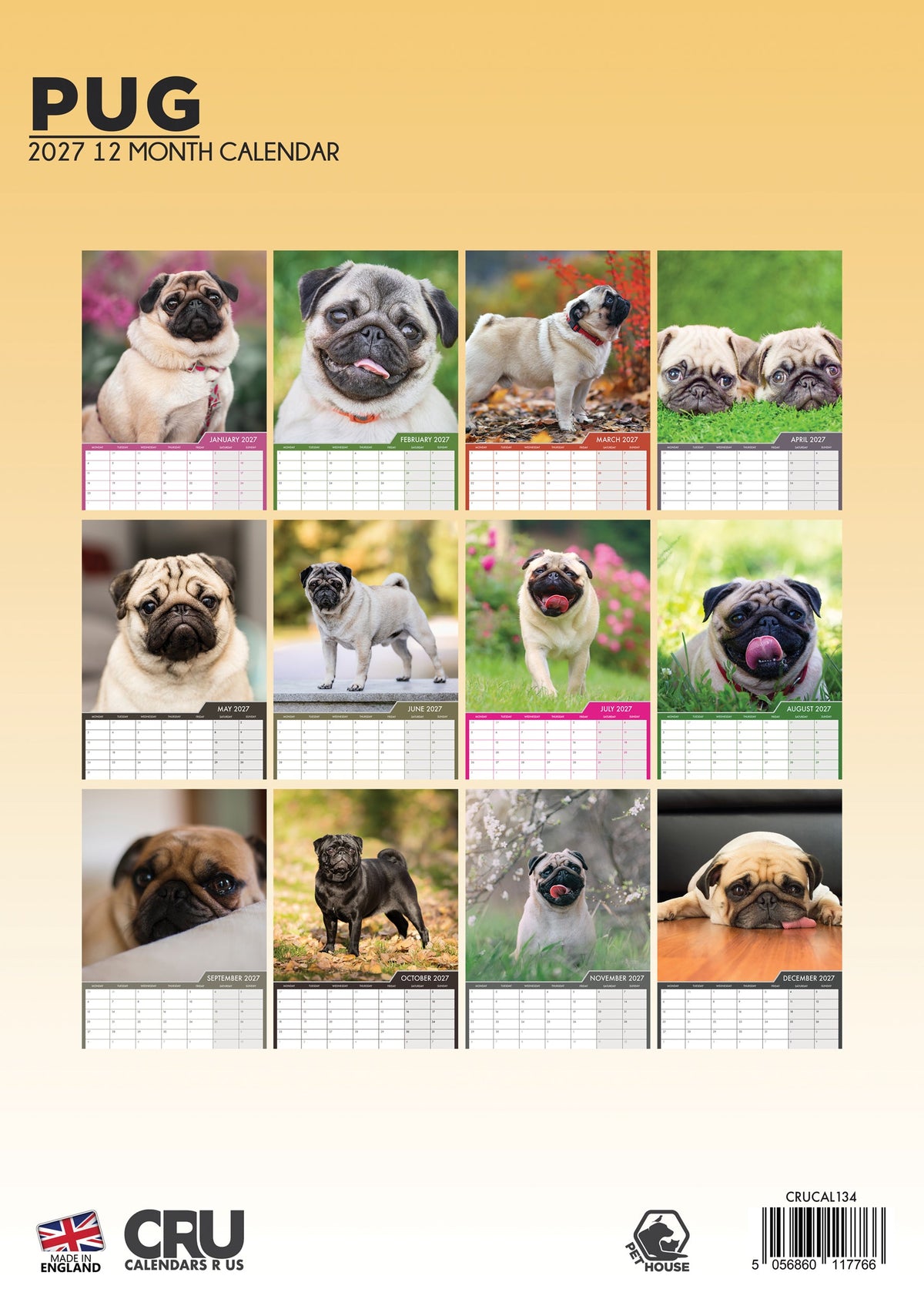 Pug - A3 Calendar 2027