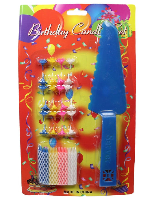 Happy Birthday Cake Candle Set with Plastic Cake Knife Server 24 Pack Assorted Colours 5292
