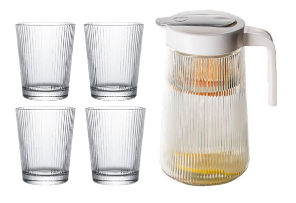 Ribbed Glass Water Jug 1300 ml and Cups Set 5pcs 7115