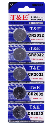 T&E Lithium 3V Silver Cell Coin Battery CR2032 Pack of 5 CR2032TE