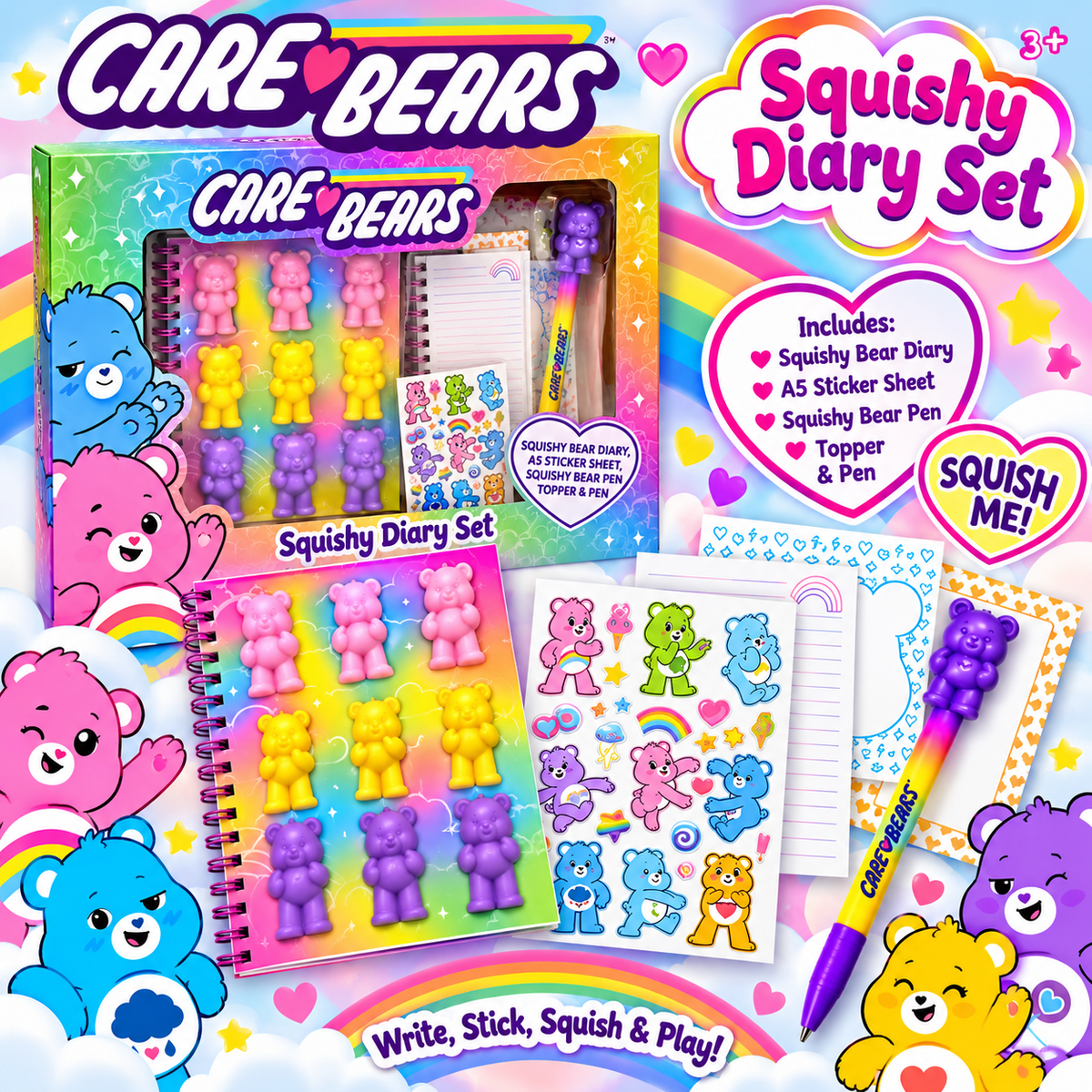Care Bears Squishy Diary Set – Diary, Squishy Bears, Stickers & Pen