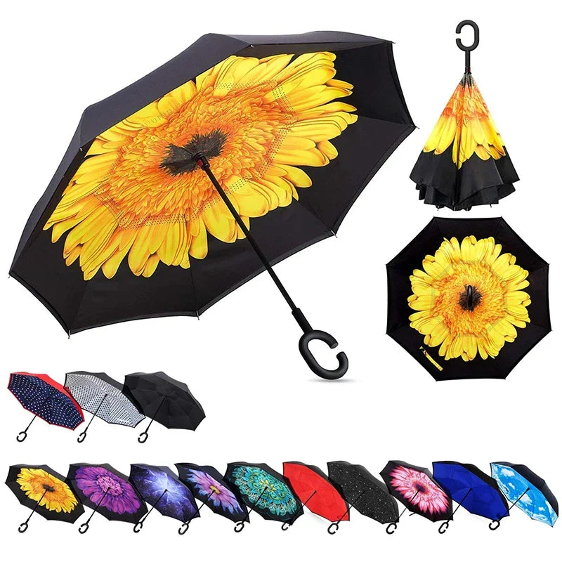 Reverse Inverted Double Layer Umbrella C Handle 80Cm Assorted Designs