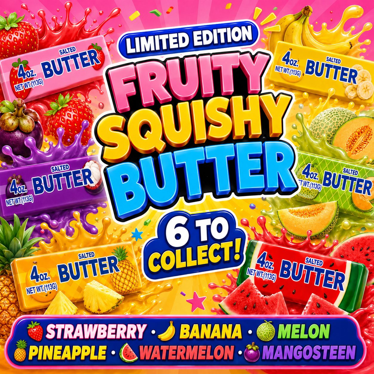 LIMITED EDITION FRUITY Squishy Butter Fruit Variety 15cm Sensory Squish Toy