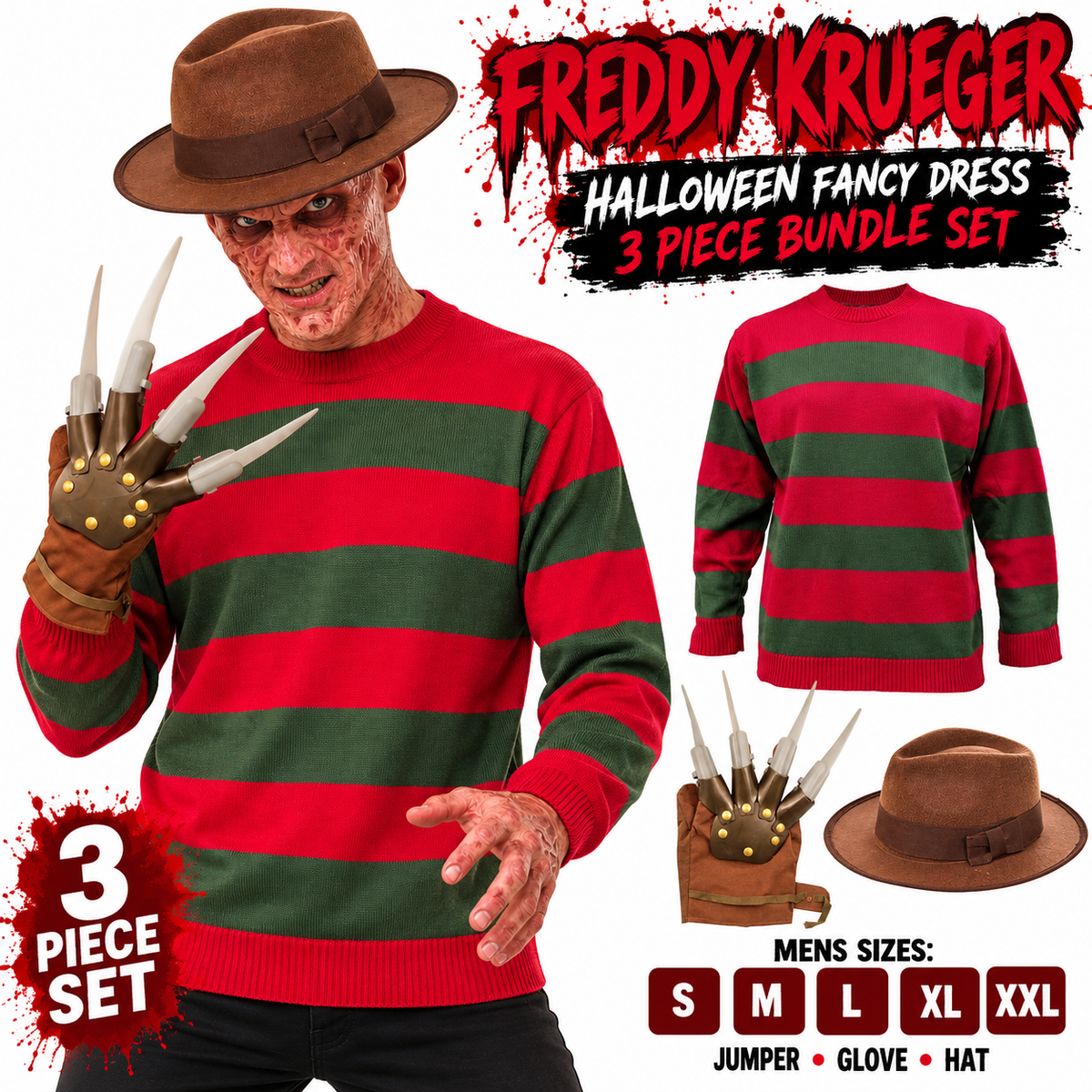 Freddy Krueger Men's Halloween Fancy Dress 3 Piece Bundle Set