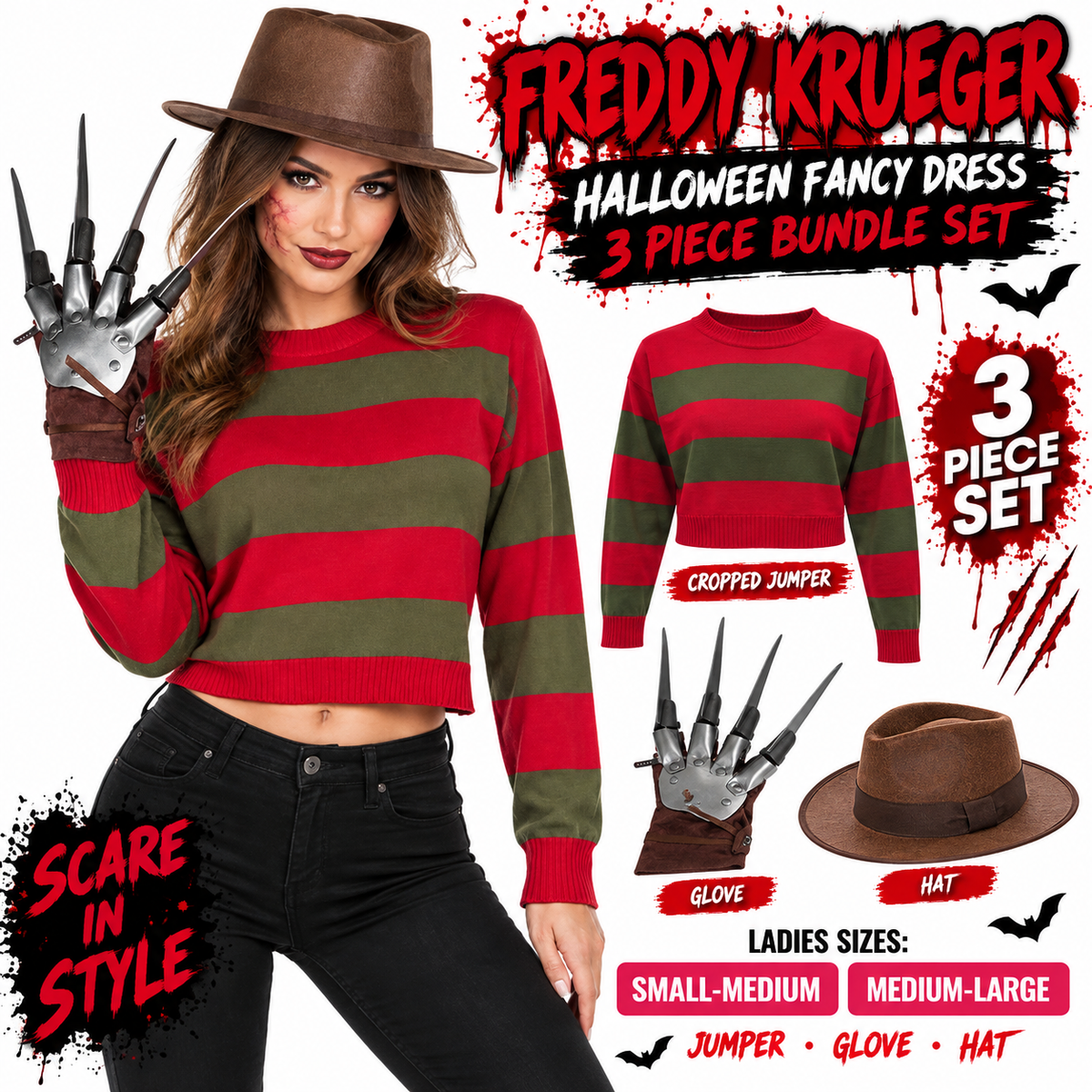 Ladies Freddy Krueger Halloween Fancy Dress 3 Piece Bundle Set