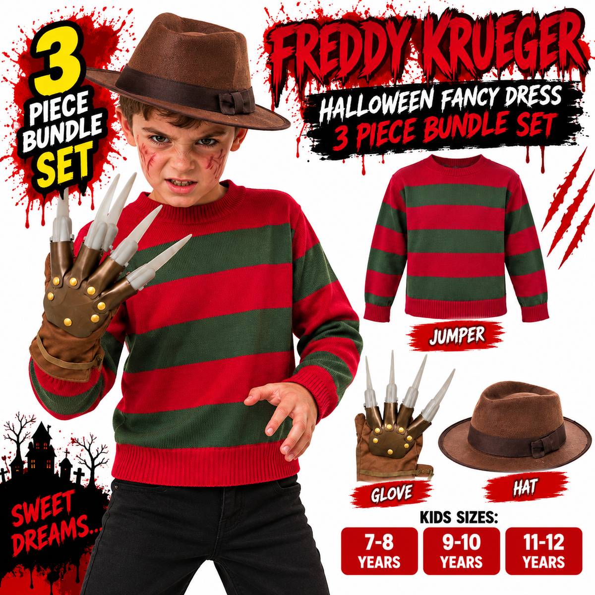 Kids Freddy Krueger Halloween Fancy Dress 3 Piece Bundle Set