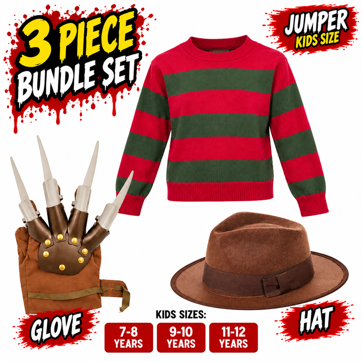 Kids Freddy Krueger Halloween Fancy Dress 3 Piece Bundle Set