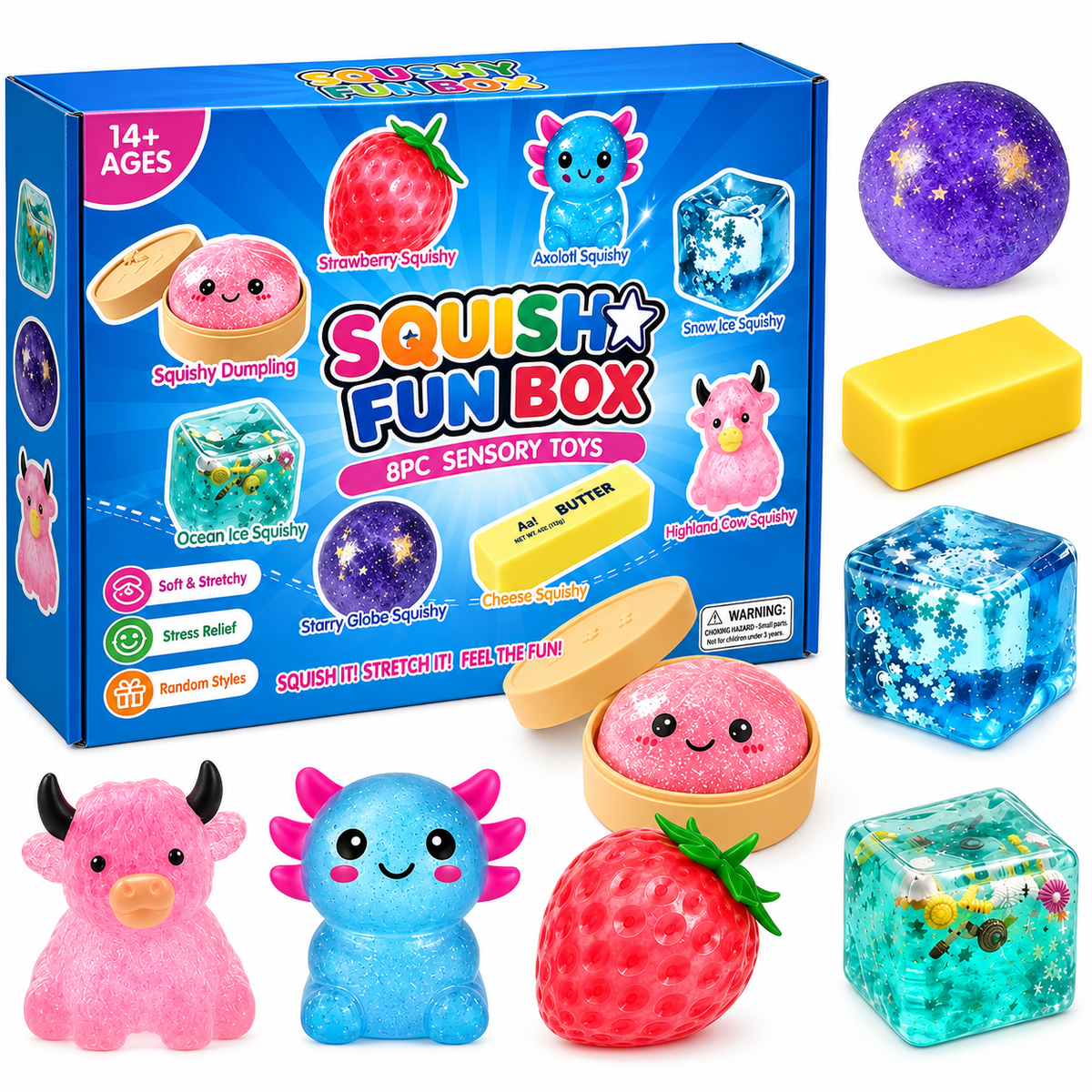 8 Piece Squishy Box - Assorted Fun Squishy Sensory Squish Fidget Toys Gift Box