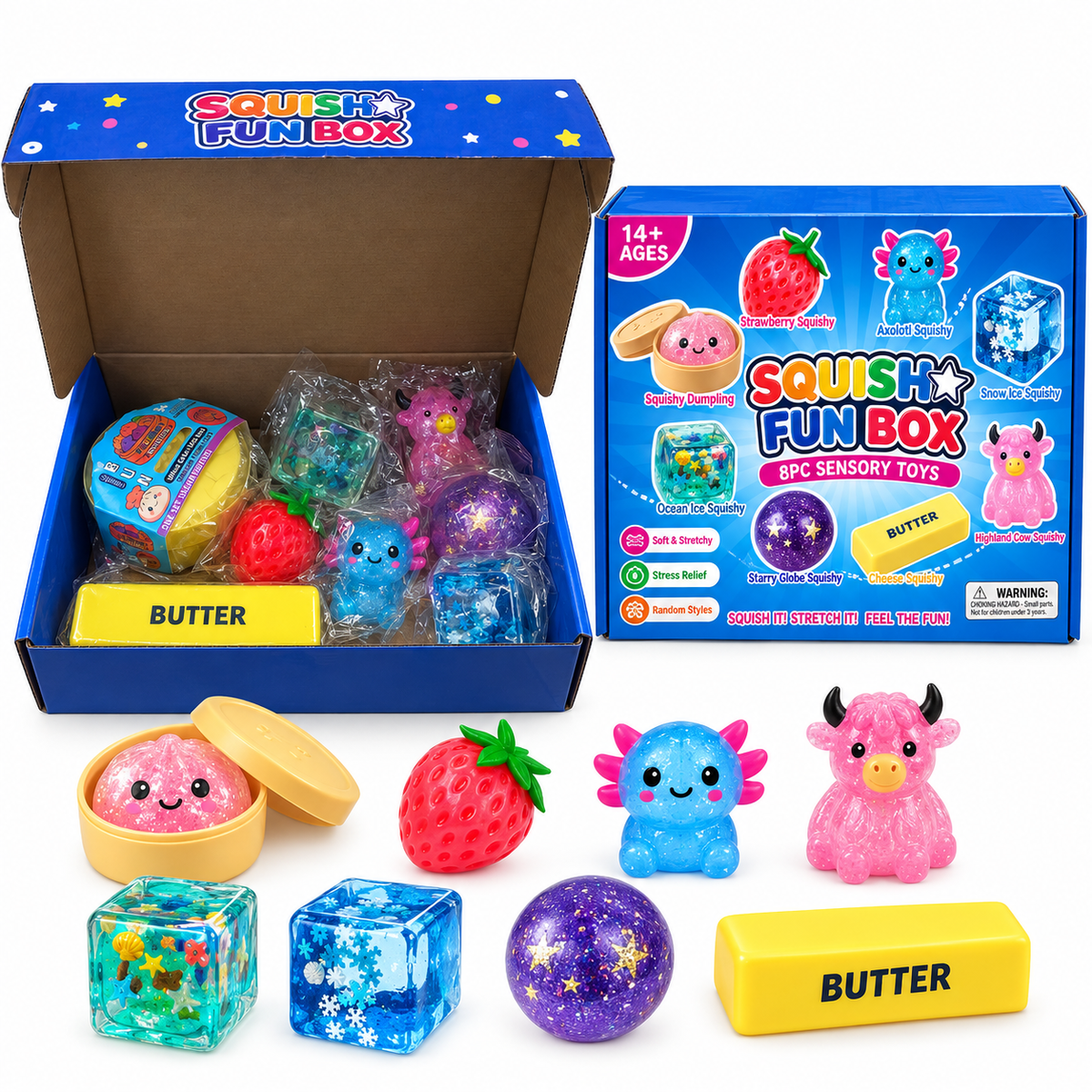 8 Piece Squishy Box - Assorted Fun Squishy Sensory Squish Fidget Toys Gift Box