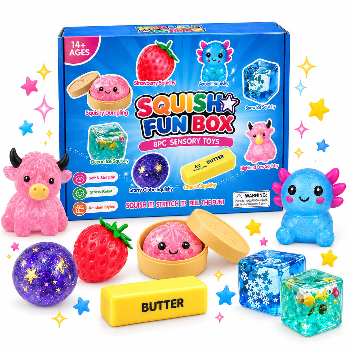 8 Piece Squishy Box - Assorted Fun Squishy Sensory Squish Fidget Toys Gift Box