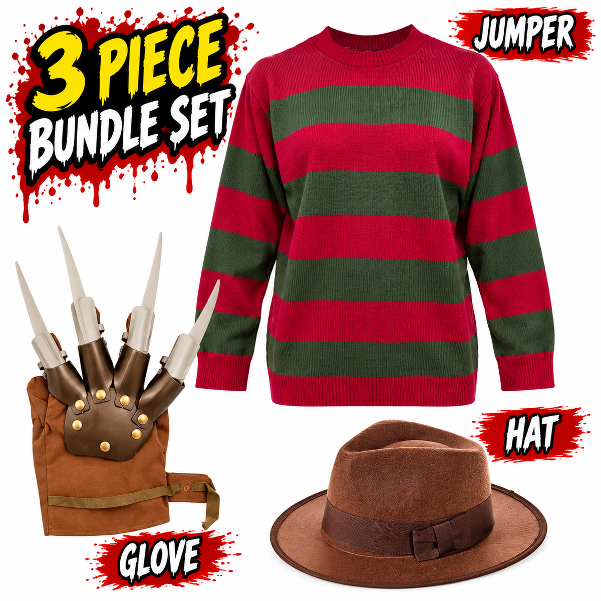 Freddy Krueger Men's Halloween Fancy Dress 3 Piece Bundle Set