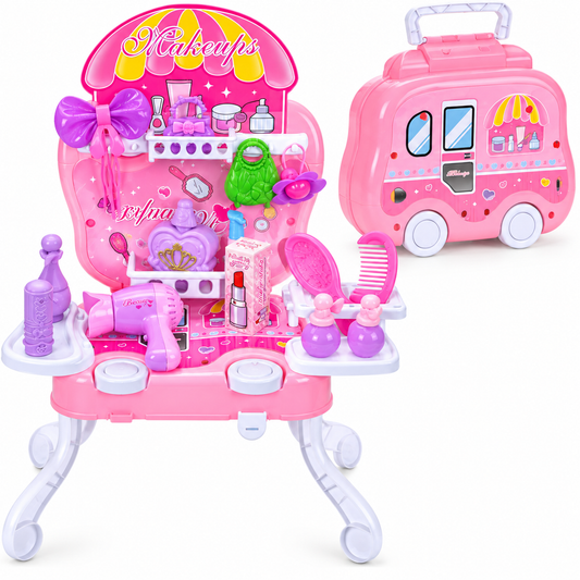 Kids Makeup & Beauty Set - 2 in 1 Portable Carry Case & Pretend Play Vanity