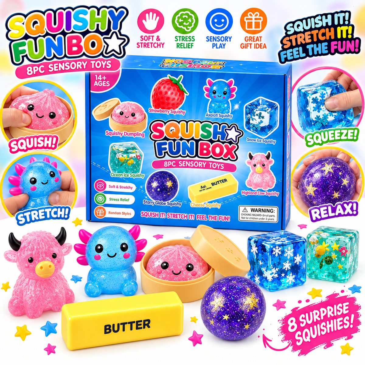 8 Piece Squishy Box - Assorted Fun Squishy Sensory Squish Fidget Toys Gift Box