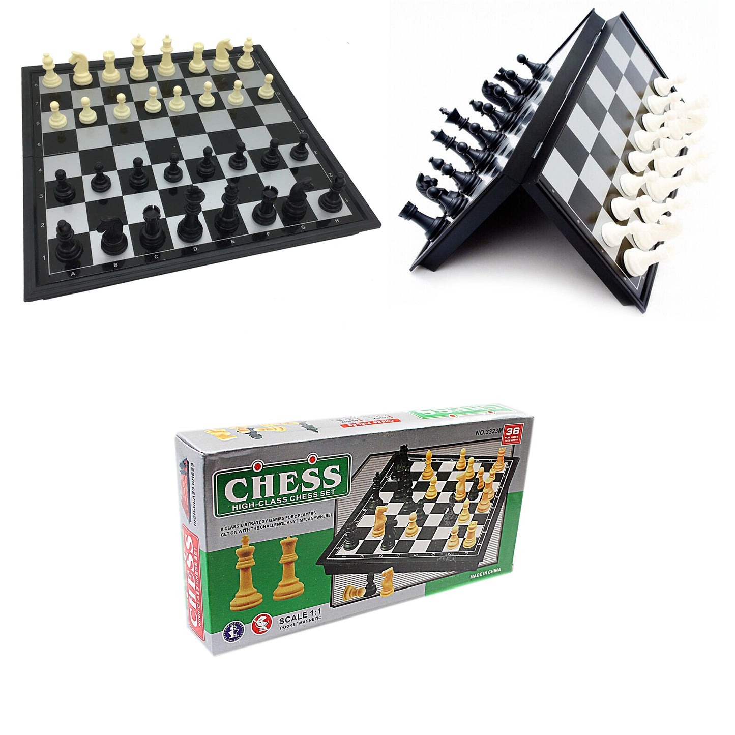 High Class Chess Set Ivory Black 36 Pieces Magnetic Board Meidum 24.7Cm X 24.7Cm