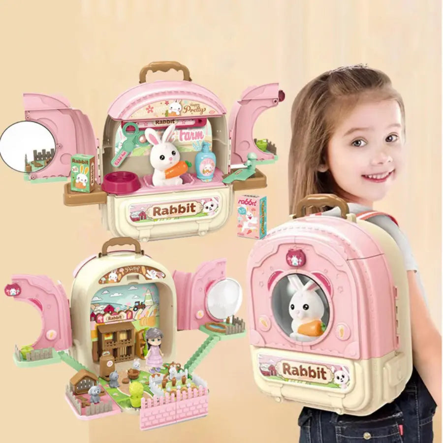Cute Bunny Rabbit Pet Set Backpack & Toy Playset