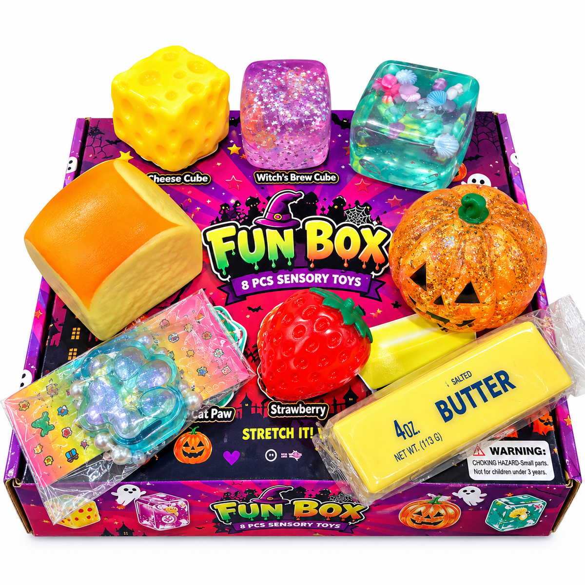 Halloween Style Squishy Fun Box - 8 Piece Fidget Squishy Sensory Squish Toys Inside