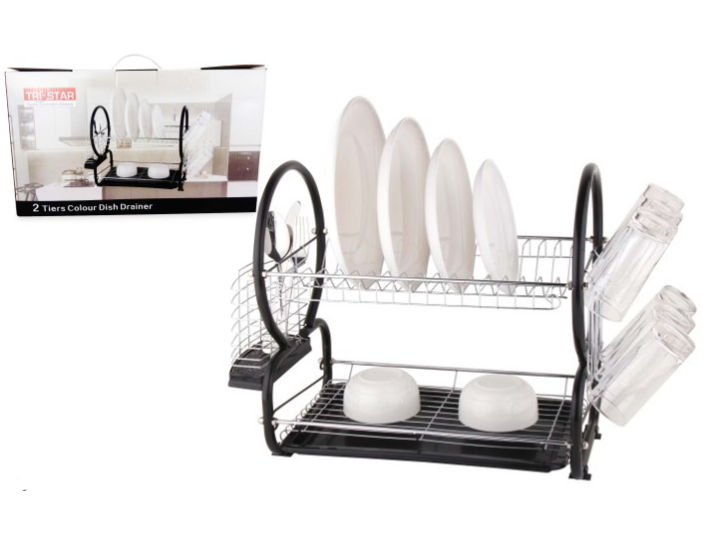 Tristar 2 Tier Dish Drainer Cutlery Rack with Drip Tray Black 53742 / D003