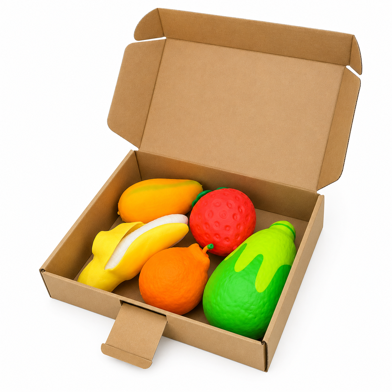 Squishy Fruit Box Bundle - 5 Assorted Squish Fruit Toys , Sensory, Fidget, Viral Trending