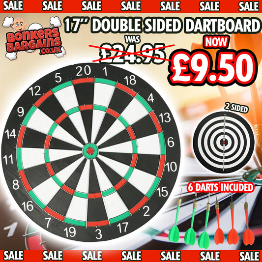 Full Size 17" Double Sided Dart Board with 6 Darts Complete Set plus Reverse Side Archery Style Target