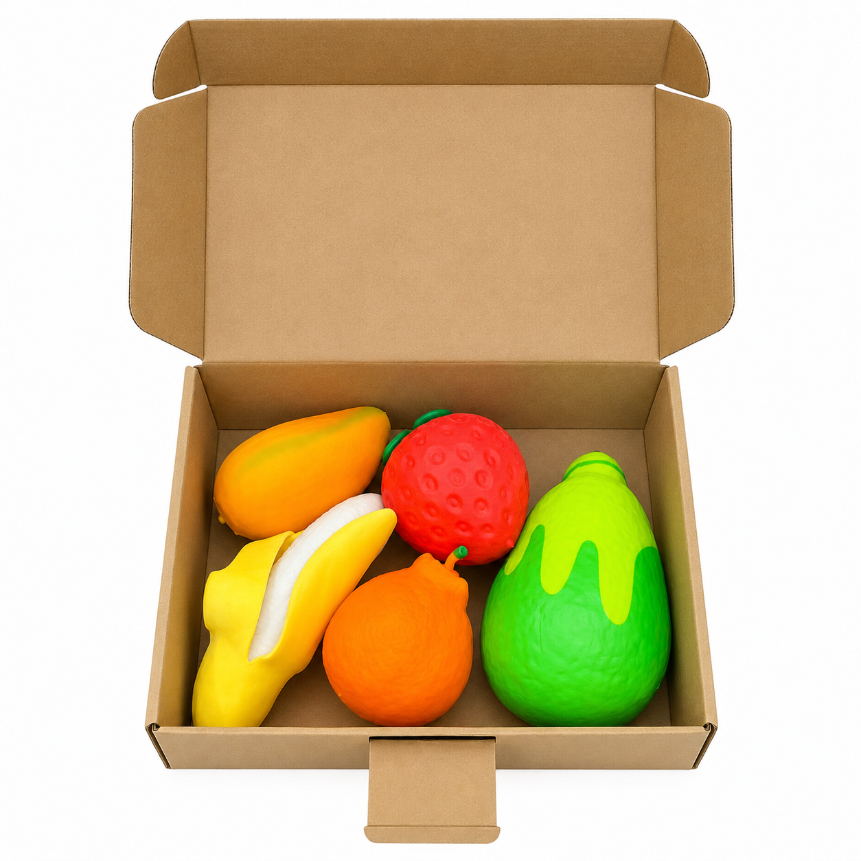 Squishy Fruit Box Bundle - 5 Assorted Squish Fruit Toys , Sensory, Fidget, Viral Trending
