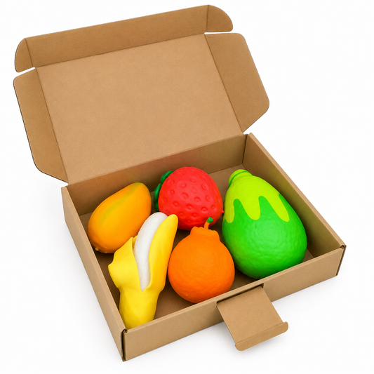 Squishy Fruit Box Bundle - 5 Assorted Squish Fruit Toys , Sensory, Fidget, Viral Trending