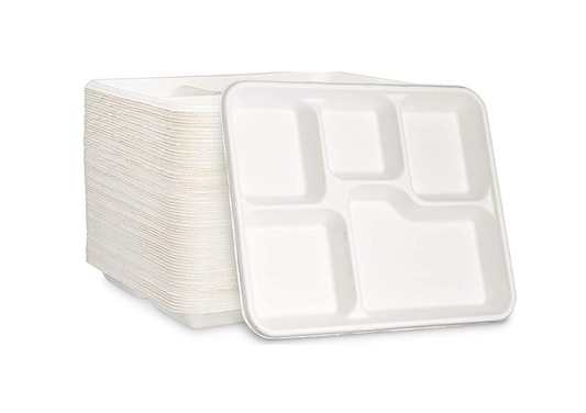 Disposable Compostable Eco-Bio Bagasse Sugarcane 5 Compartment Shallow Tray Pack of 25 EC1048