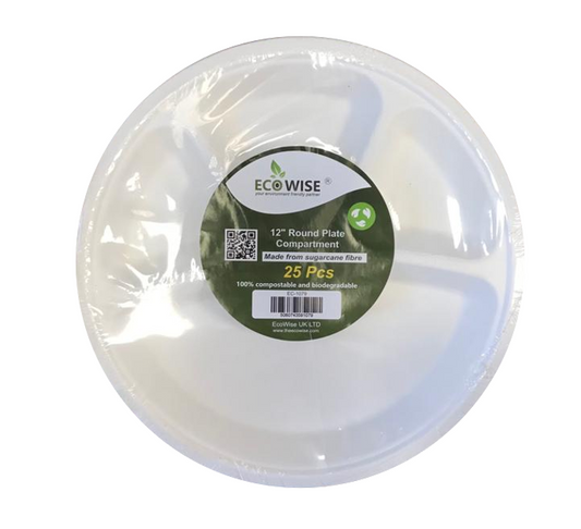 Disposable Compostable Eco-Bio Bagasse Sugarcane 4 Compartment Plate 12" Pack of 25 EC1079