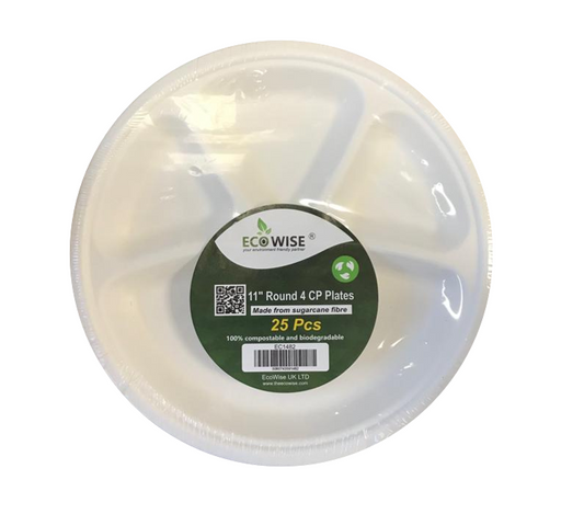 Disposable Compostable Eco-Bio Bagasse Sugarcane Round 4 Compartment Tray 11" EC1482