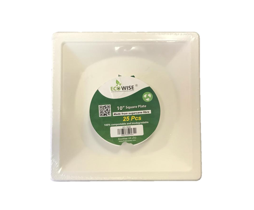 Disposable Compostable Eco-Bio Bagasse Sugarcane Square Plates 10" Pack of 25 EC1642