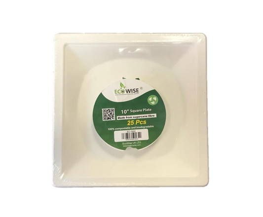 Disposable Compostable Eco-Bio Bagasse Sugarcane Square Plates 10" Pack of 25 EC1642