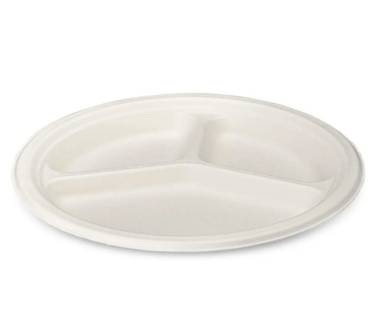 Disposable Compostable Eco-Bio Bagasse Sugarcane 3 Compartment Plates 9" Pack of 25 EC1680