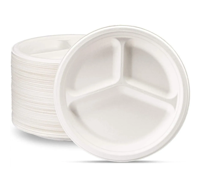 Disposable Compostable Eco-Bio Bagasse Sugarcane 3 Compartment Plates 10" Pack of 50 EC0126