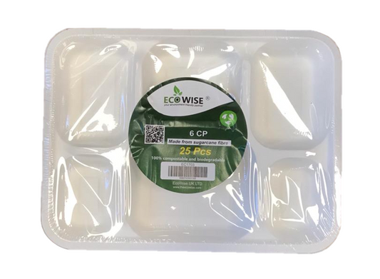Disposable Compostable Eco-Bio Bagasse Sugarcane 6 Compartment Tray Pack of 25 EC1703