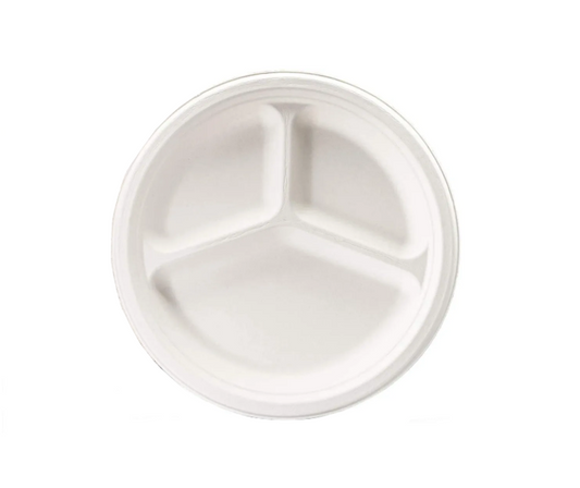 Disposable Compostable Eco – Bio Bagasse Sugarcane 3 Compartment Plates 10" Pack Of 8