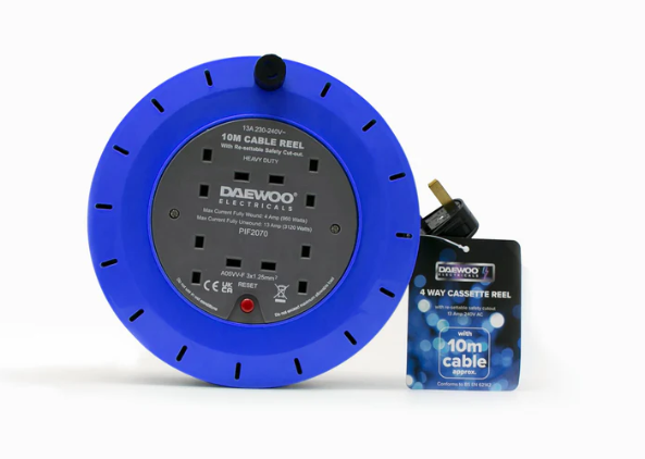 Daewoo 4 Way Gang Extension Lead Cassette Reel 10 Metre EXT1304GE