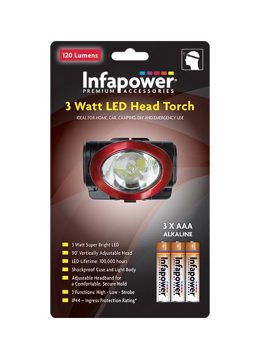 3 Watt LED 120 LUMENS Head Torch 90'' Vertically Adjustable Head 3 x AAA F036