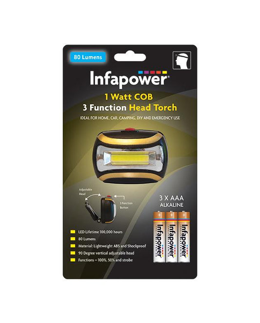 Infapower 3 Function Head Torch 1 Watt Cob Ideal For Home Car Outdoor