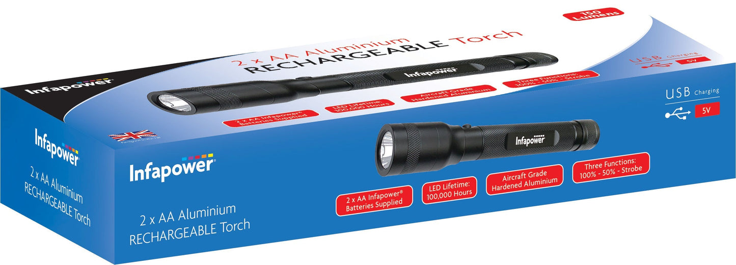 2 x AA Aluminium Rechargeable Torch DIY Home F051